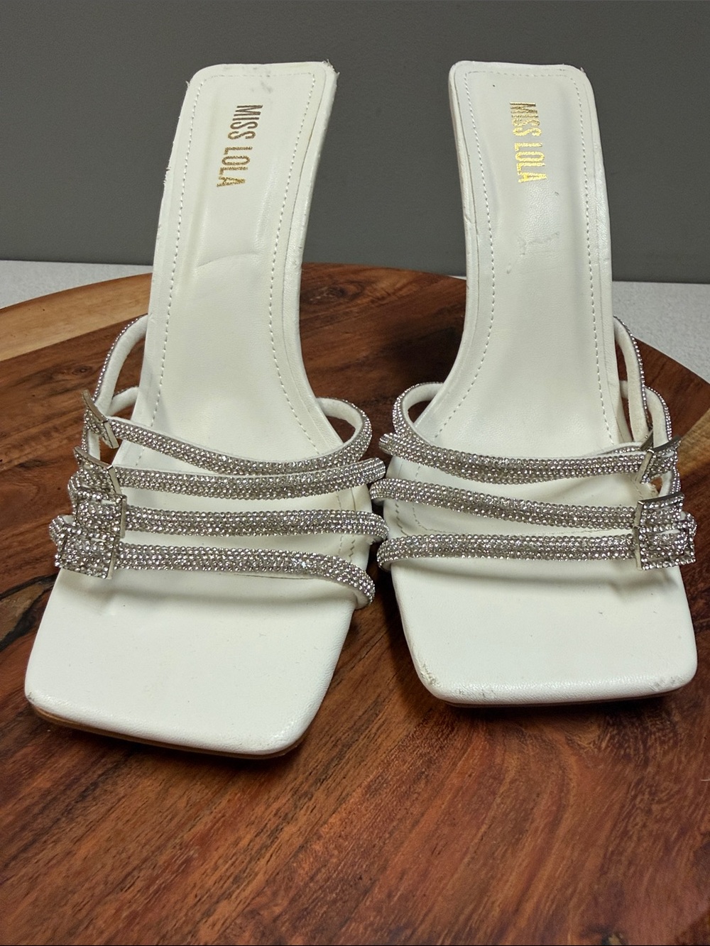 Miss Lola Aurora Rhinestone Strappy Mule Heels White Size 9 Square Toe - Picture 5 of 13